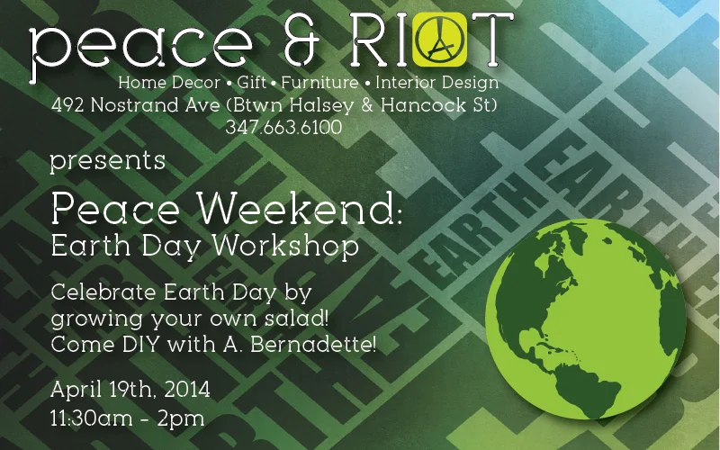 Hi everyone, we have an Earth Day event coming up on Saturday April 19th which is great for all ages. A. Bernadette is going to lead a workshop on how to use recycled plastic bottles to grow your own salad. A. Bernadette works with 100 artisans from Uganda who create accessories from recycled materials using traditional weaving techniques. In New York, A. Bernadette invites you to explore the unknown by participating in its 'Trash to Treasure' youth programs geared towards innovative recycling education. Check out her site for more info. http://www.abernadette.com/ - Peace Out Chuz & Lionel