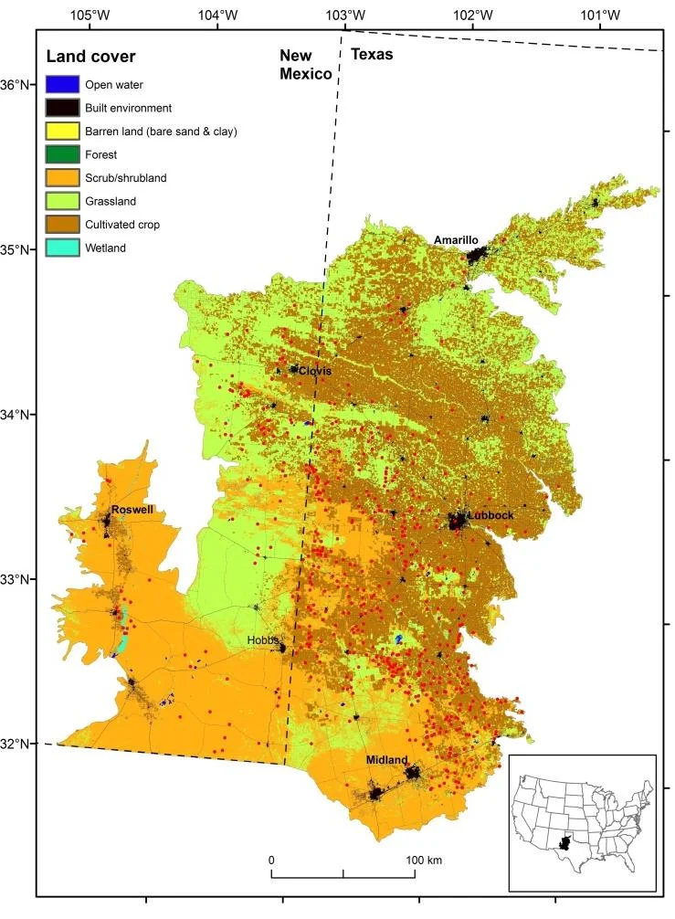 Figure 1: Location of dust emission hot spots (represented by red dots) and associated land cover characteristics in west Texas and eastern New Mexico. This map also shows numerous dust emission spots located adjacent to the main highways in this area.