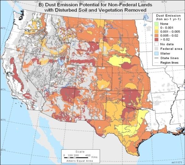 Figure 3: Wind erosion potential for non-federal lands in the western US with disturbed soil and vegetation removal, showing the dust emission hot spots in western Oklahoma and northern Texas.