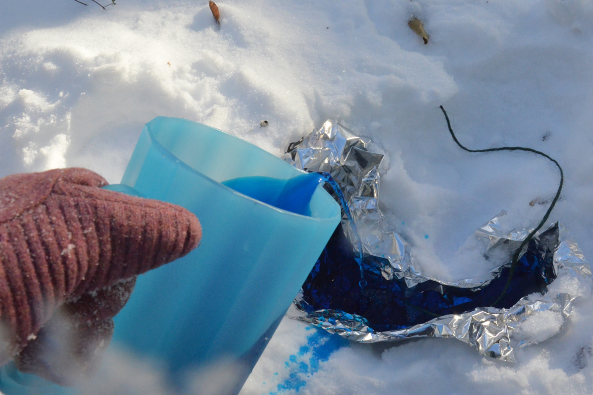  Pour water into the mold.&nbsp;Placing a string in the mold will make it easier to hang up the ornament. 