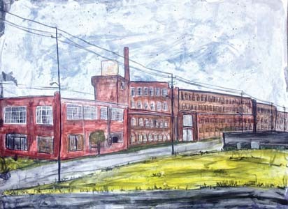 Artist Jaime Barks shares her love of Cleveland by creating paintings of local scenes and buildings. Included in her series, “Where I Live,” are the old Woolen Mill, above, a mural on the Greenway, Broad Street United Methodist Church and the Gardener’s Market.