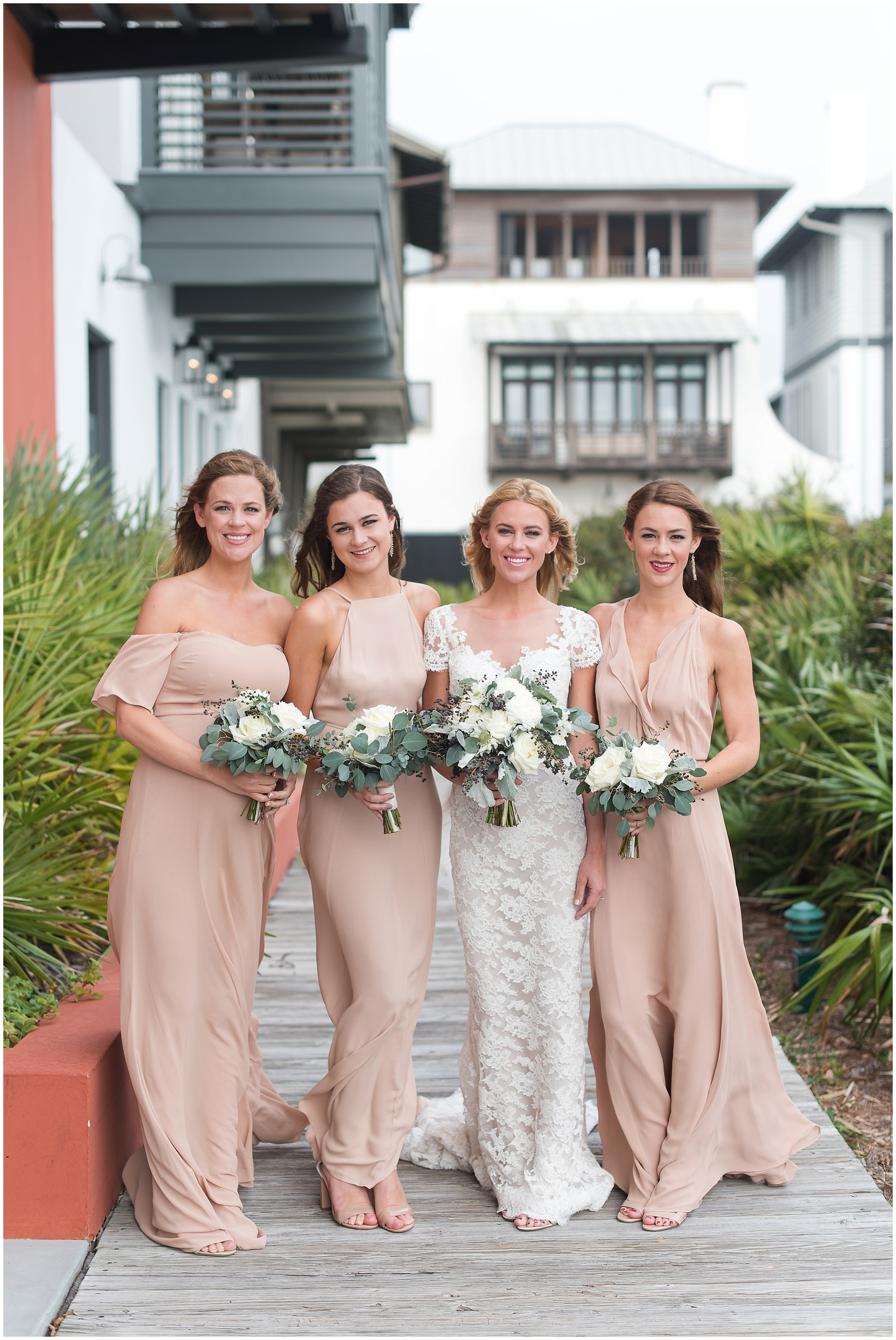 Bride with her bridesmaids in Rosemary Beach, Florida.