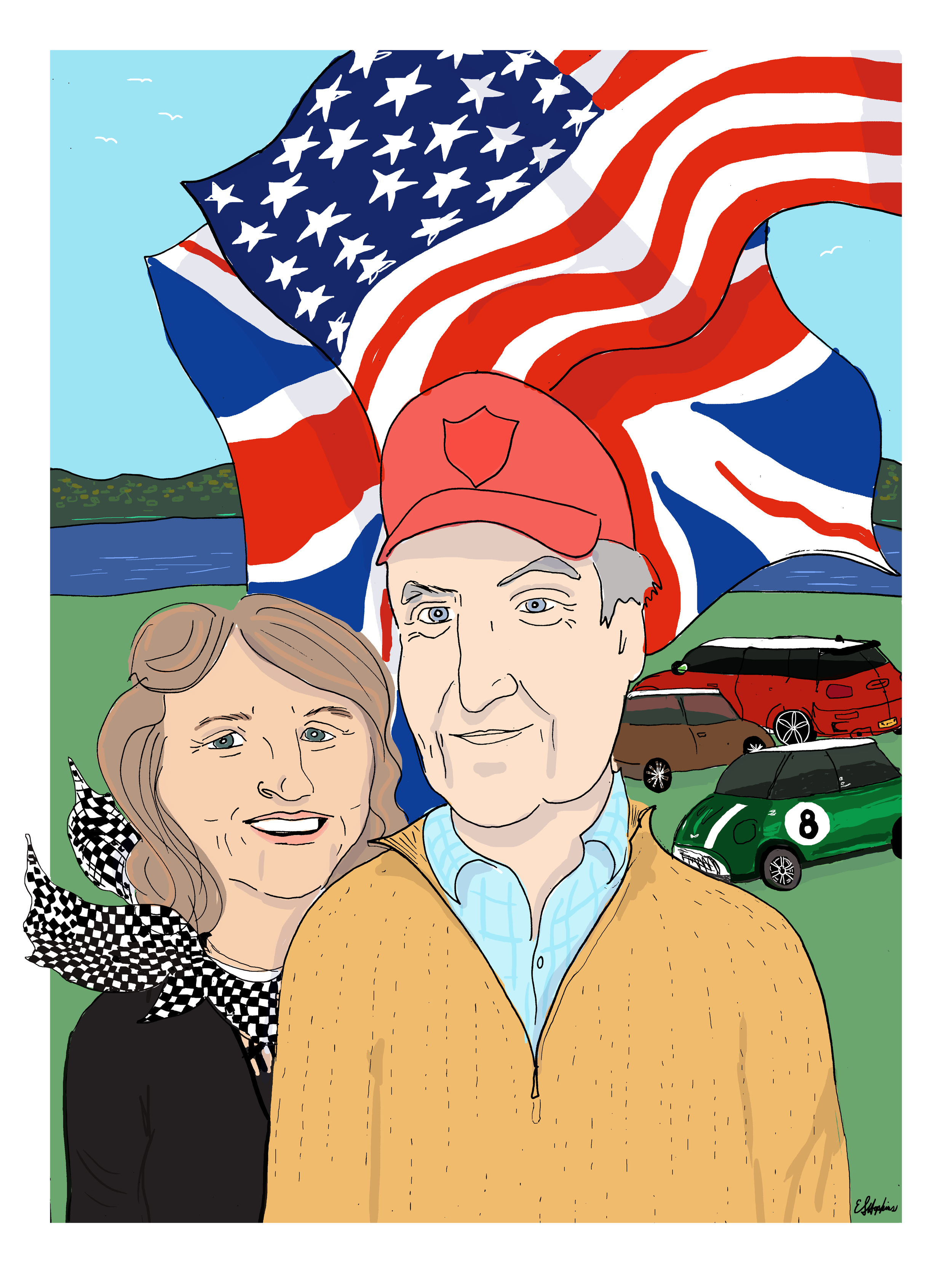 A man and woman and their cars, at the lake