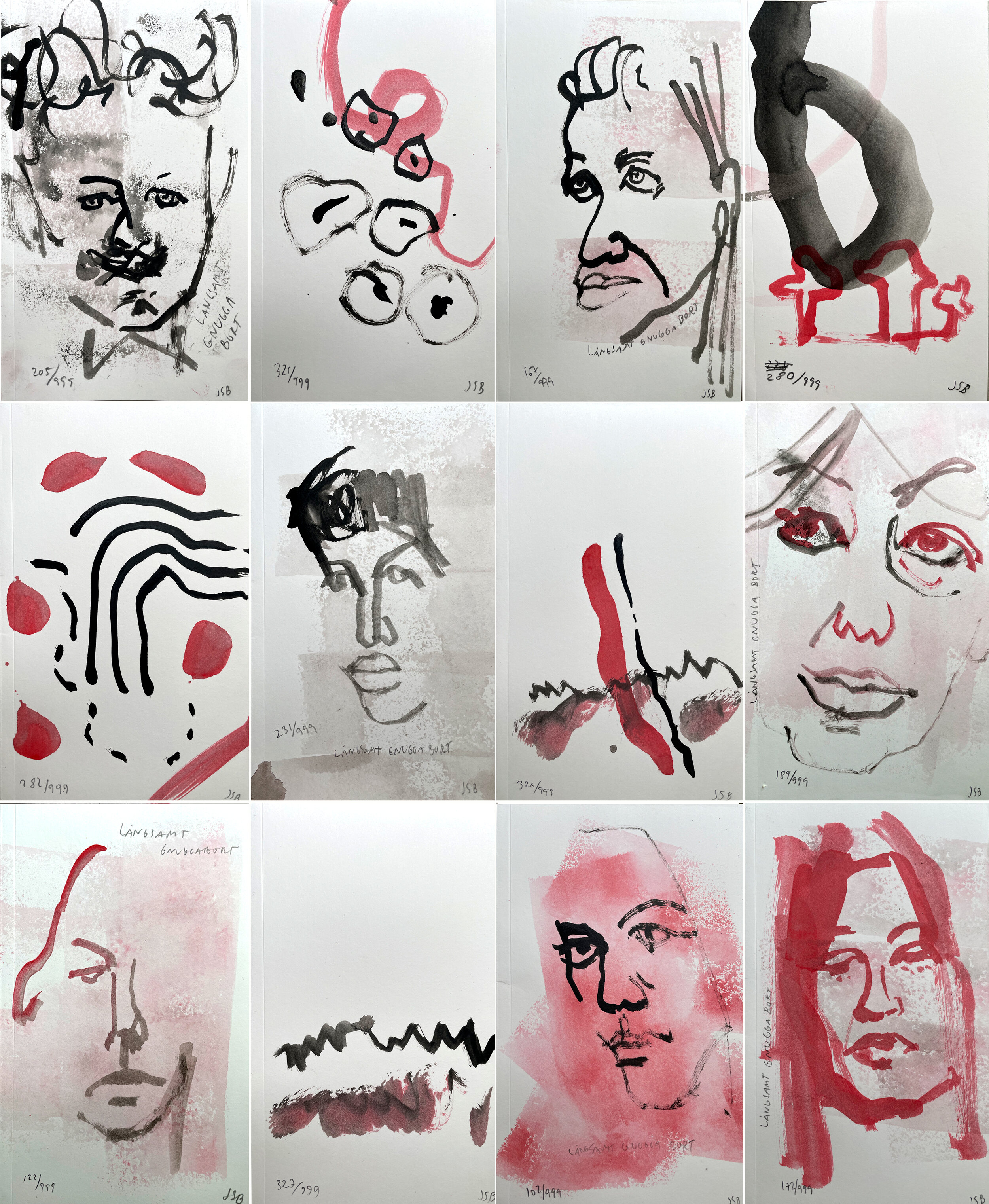 12 av de 999 handmålade omslagen till Linda Skugges diktsamling Långsamt gnugga bort (Sjösala förlag 2021)