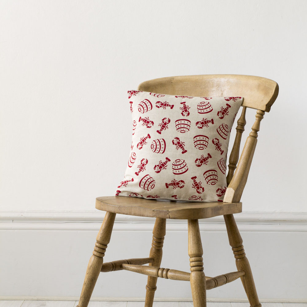 lobster pot, red, linen, interiors, cushion, pillow, duck feather, seaside, nautical, beach, beach hut, jenny sibthorp, hand made, made in dorset, made in england, style, design, new england