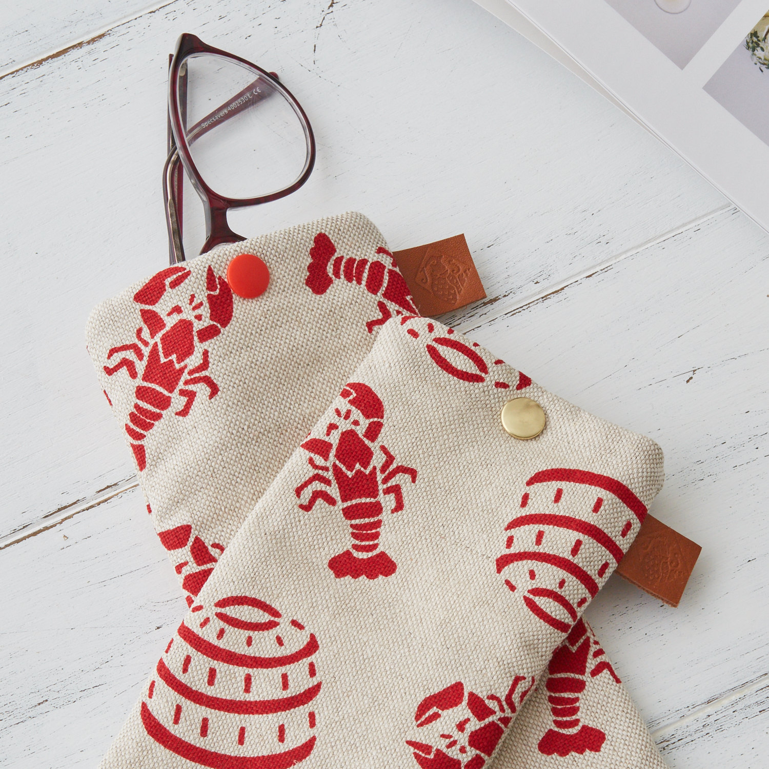 lobster design, lobster print, seaside, nautical, glasses case, sunglasses case, phone case, jenny sibthorp, handmade in dorset, handmade glasses case, lobster pot, holiday gift