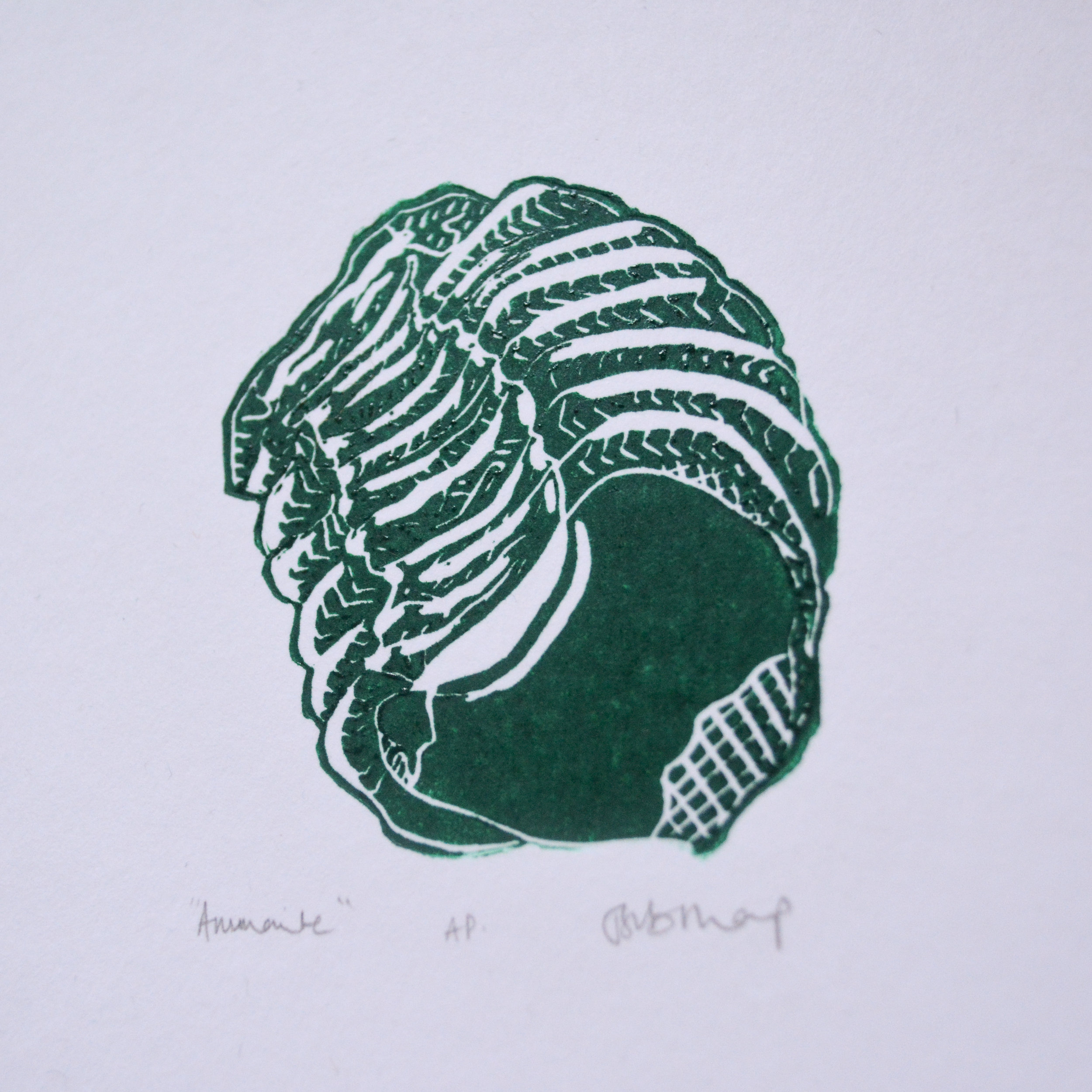 Linocut Ammonite, Handprinted, Relief print, Lino, Fossil