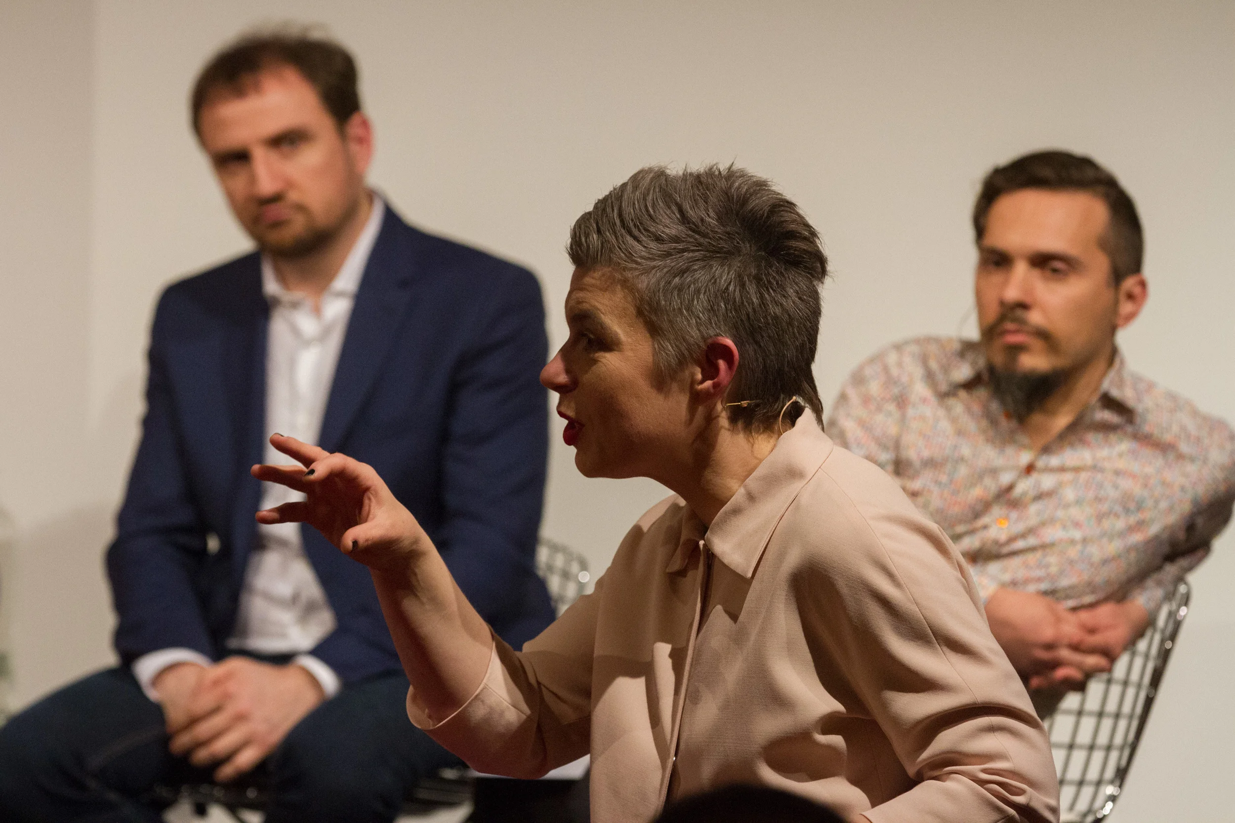 Maria Hlavajova, moderator, and speakers Laureate Teodor Celakoski and Tomislav Medak at the 2014 ECF Princess Margriet Award debate. Photo ©Xander Remkes