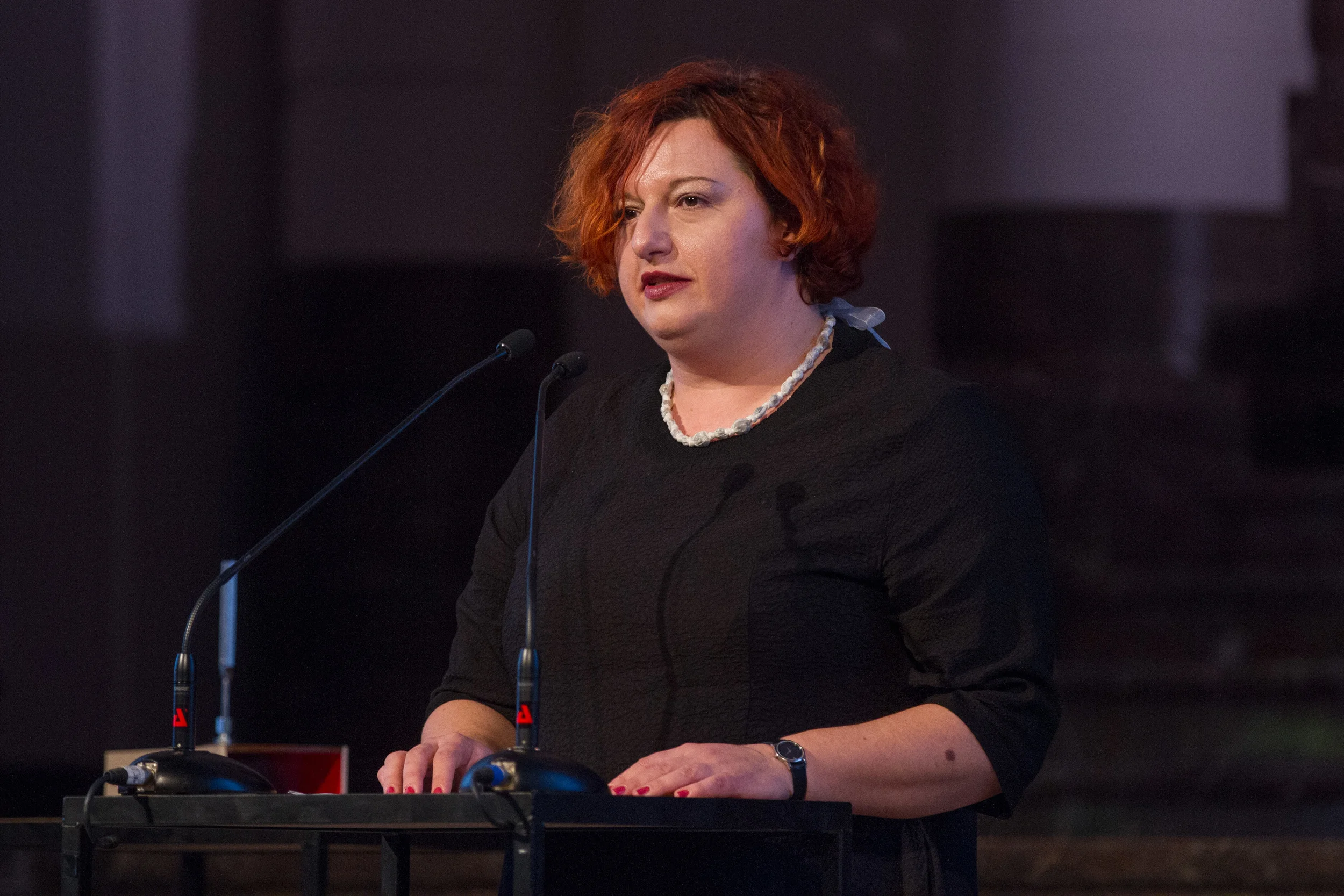 Emina Višnić talks about laureate Teodor Celakoski's work at the 2014 ECF Princess Margriet Award. Photo ©Xander Remkes