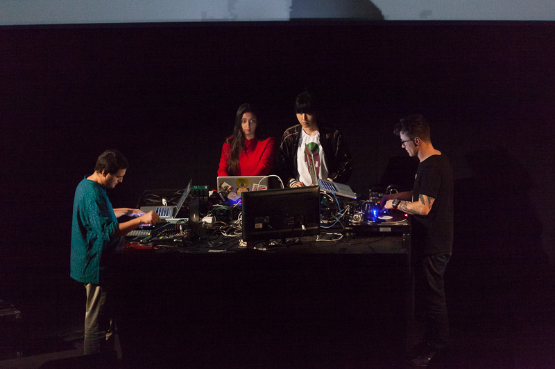Artists Farah Rahman (the Netherlands), Karol Rakowski (Poland), Noriko Okaku (UK) and Malaventura (Spain) performing €urovisions live. Photo ©Xander Remkes