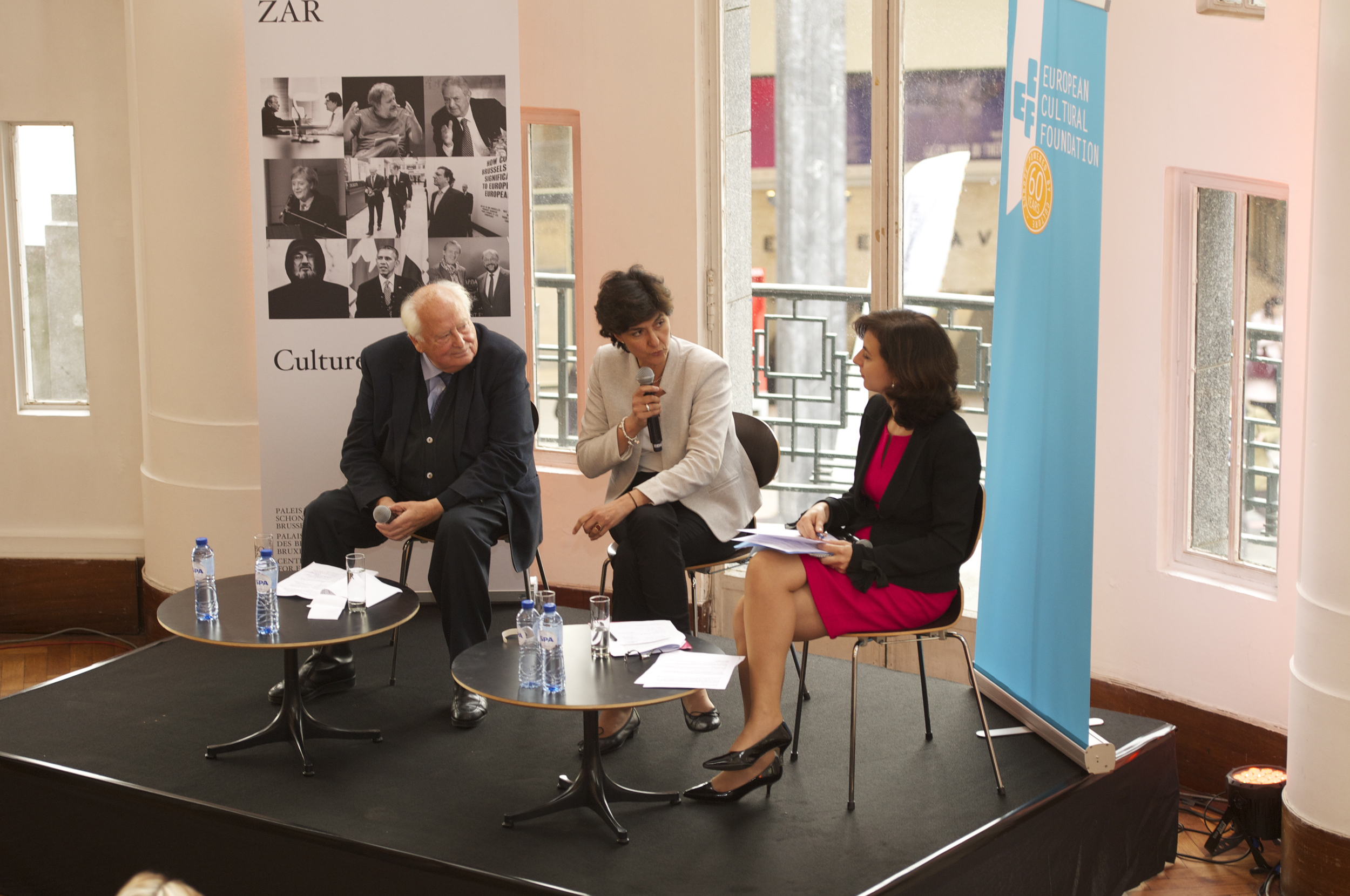  Raymond Georis, Sylvie Goulard and Vanessa Mock at the Historic Speech debate at BOZAR.&nbsp;Photo ©Yves Gervais 