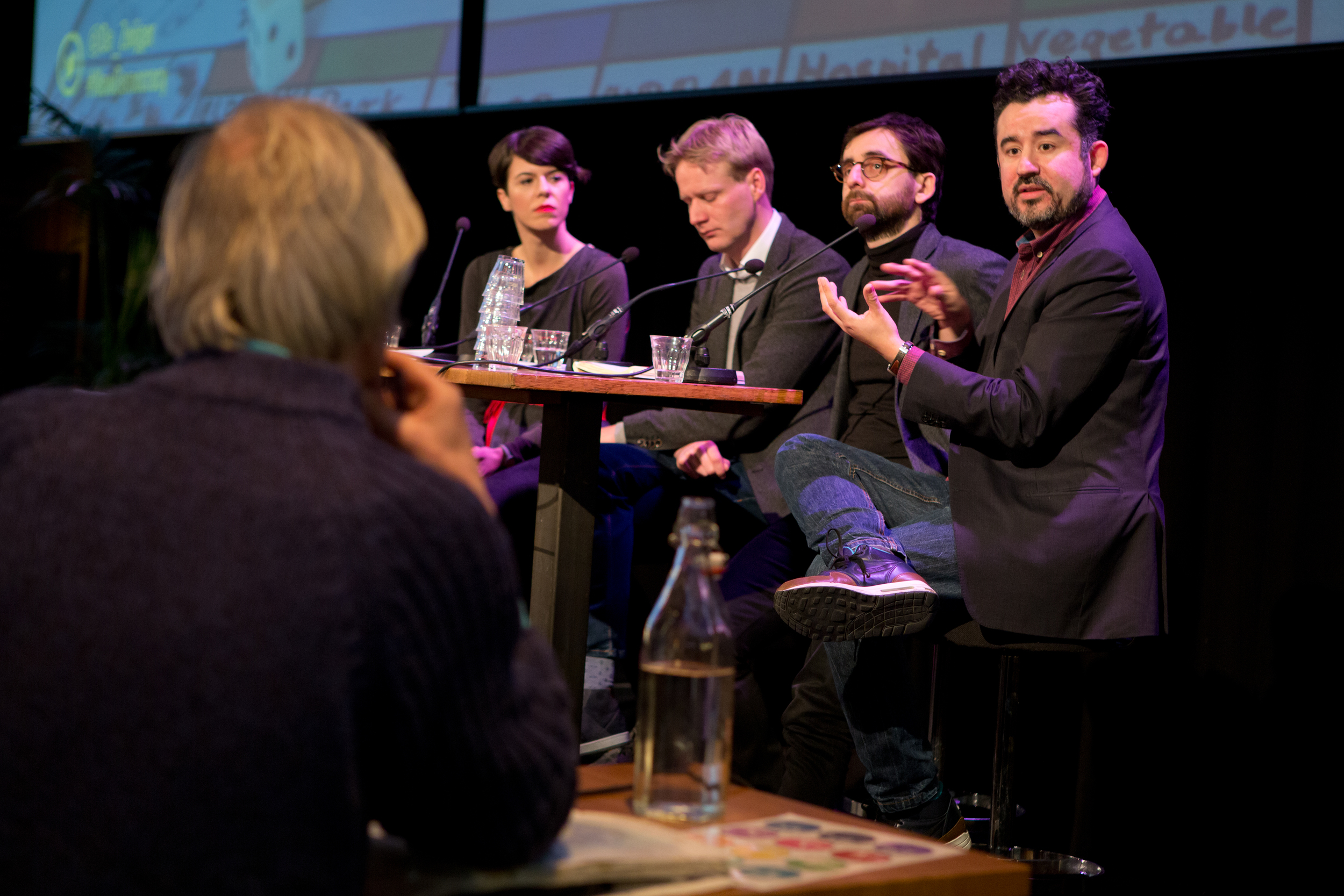Pedro Campos Ponce responds to an audience member, next to Christian Iaione, Sjoerd Feitsma and Antonija Eremut. Photo by Maarten van Haaff.