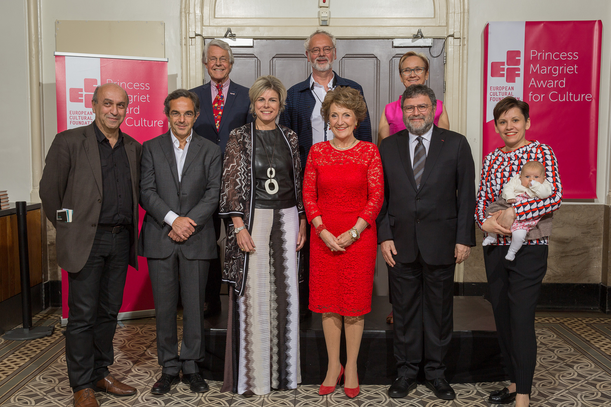 The laureates welcomed by TRH Princess Margriet and Princess Laurentien of the Netherlands, and ECF Director Katherine Watson. (Back, left to right): Rien van Gendt (Deputy Chair ECF Board), Luc Mishalle, Katherine Watson (Director ECF) (front, left to right): Timour Muhidine, Navid Kermani, HRH Princess Laurentien, HRH Princess Margriet, Görgün Taner (Chair ECF Board), Marina Naprushkina. Photo: Xander Remkes