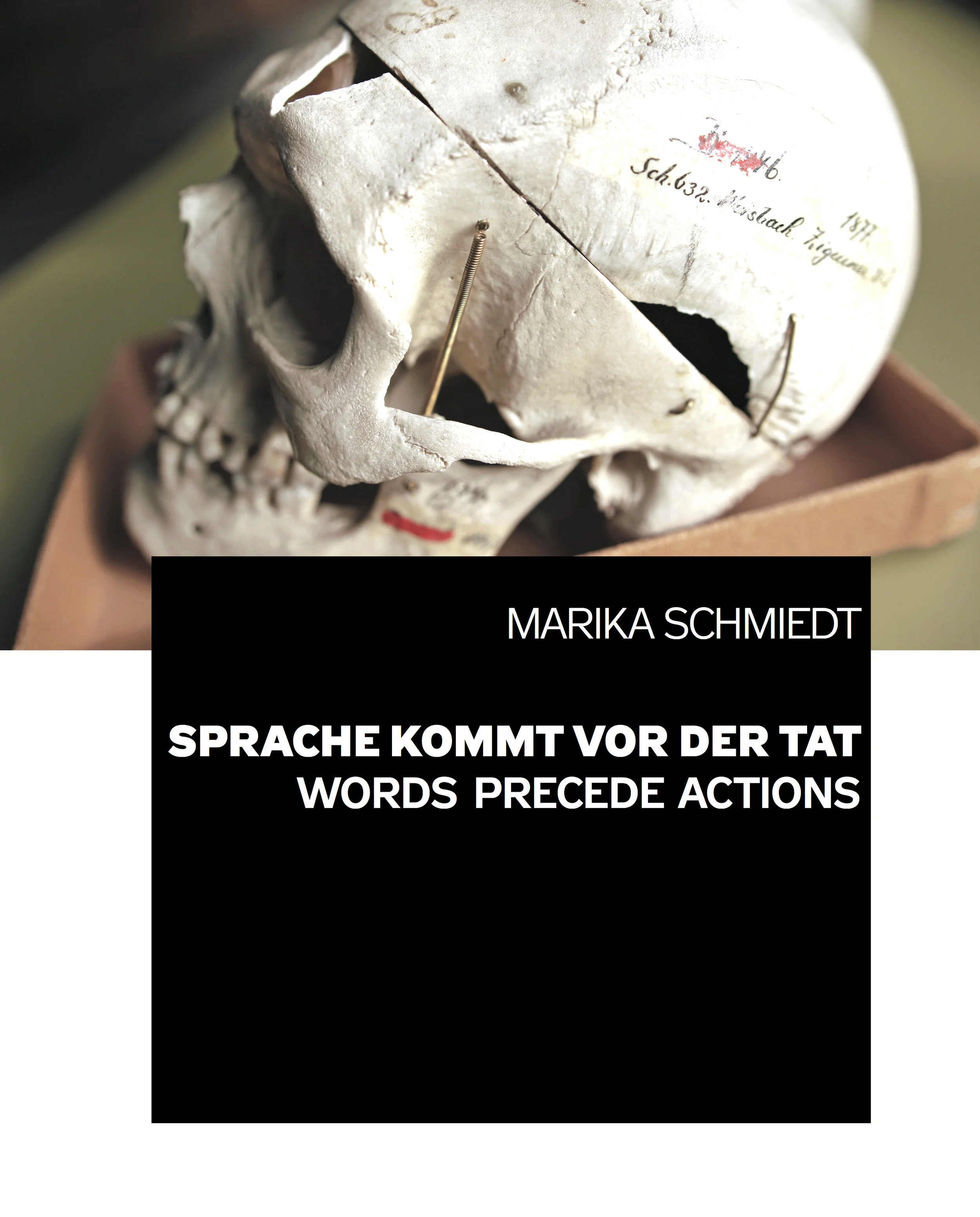 Catalogue, Words precede actions. The context of language, racism, economy and power, 196 pages (German/English), 24 × 30 cm, numerous b/w and colour illustrations, 2018. https://marikaschmiedt.com/ausstellung-sprache-kommt-vor-der-tat/