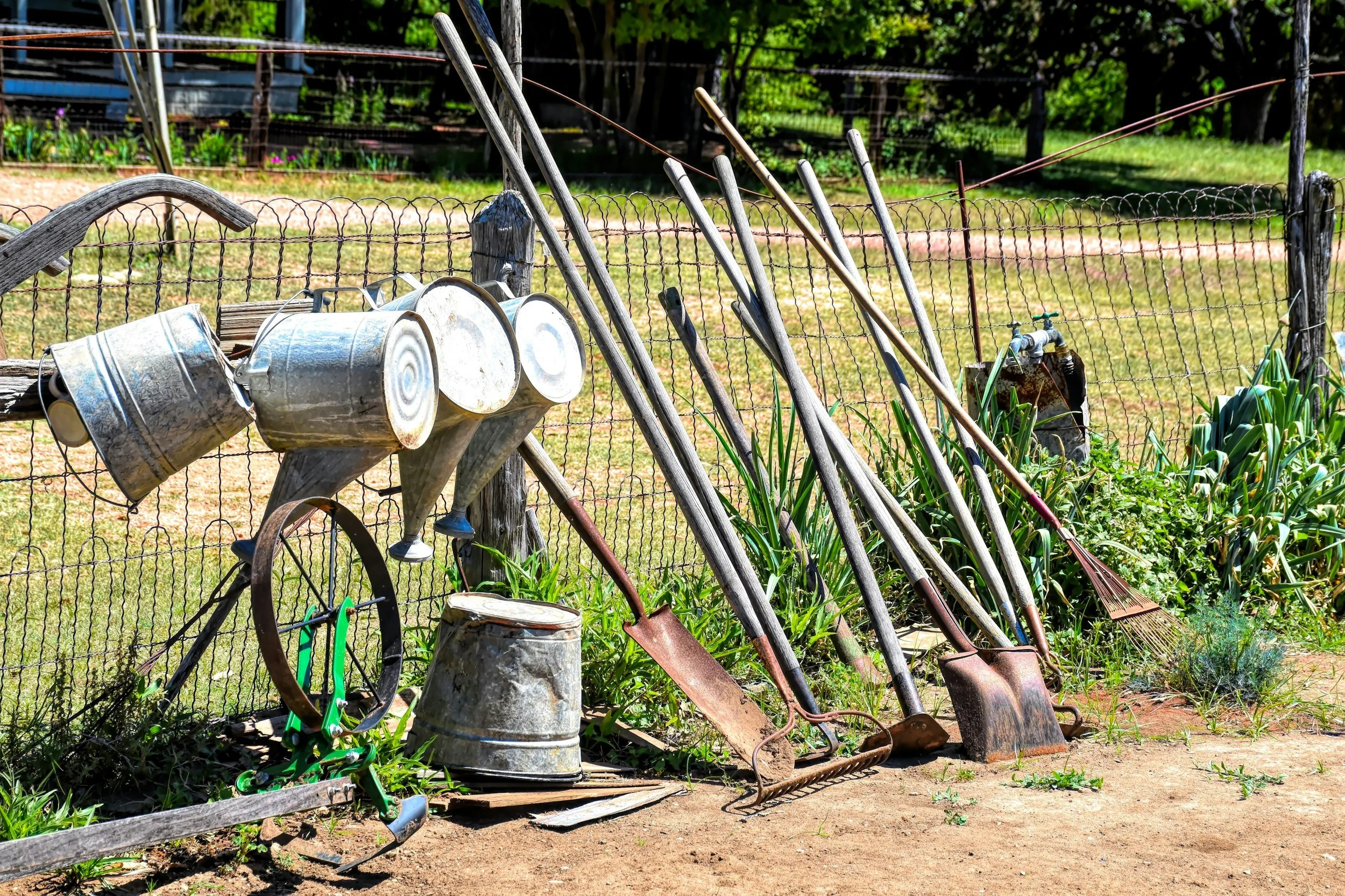gardening tools lined up along a fence