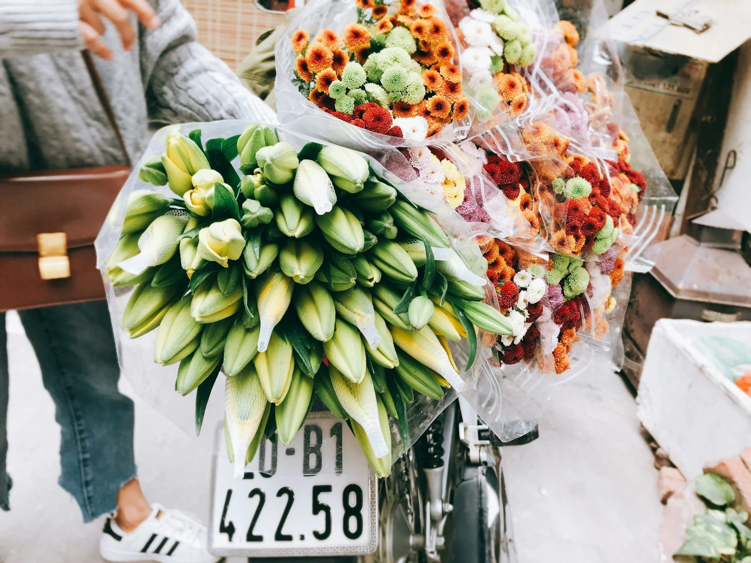 bouquets of flowers on a bicycle