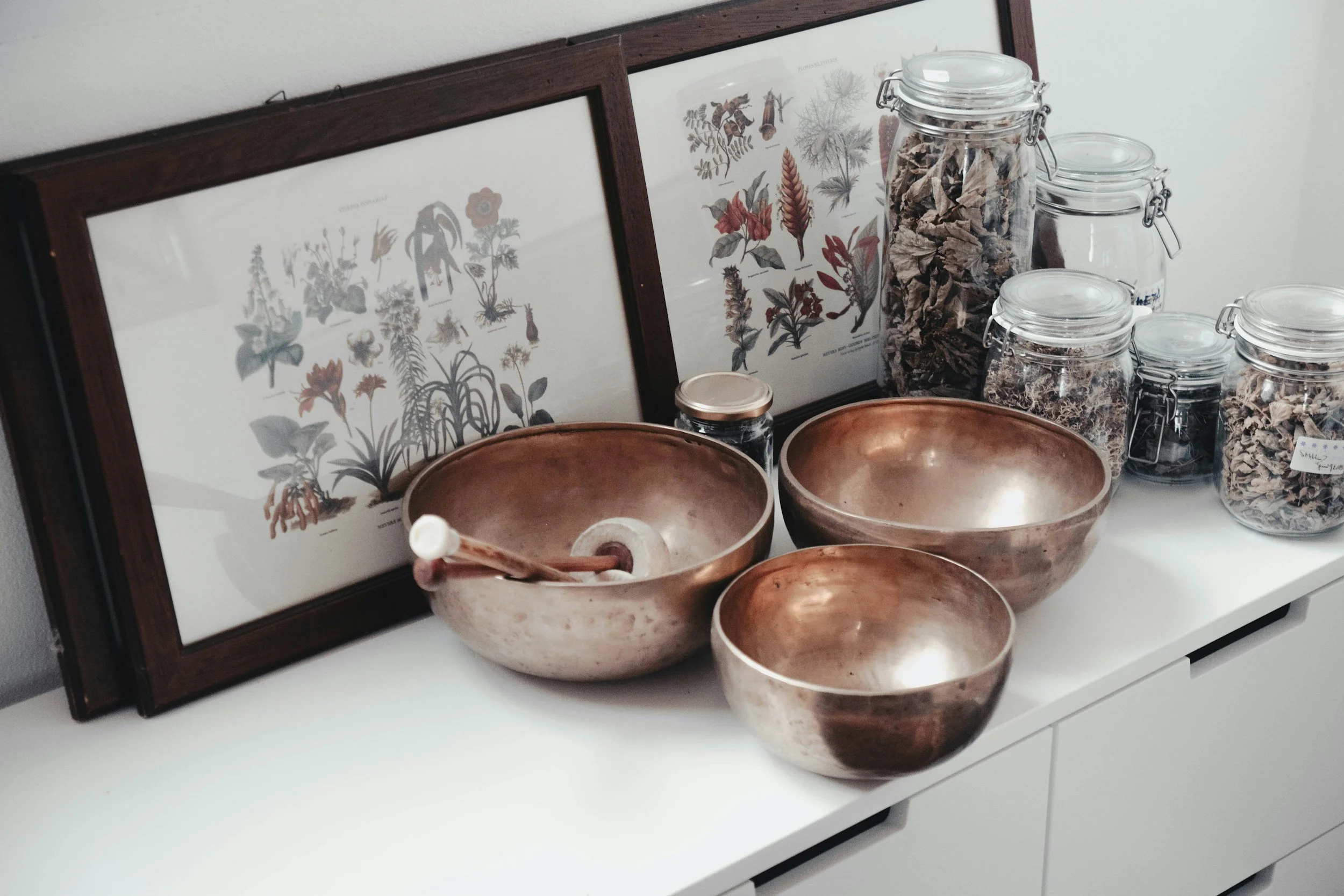 3 copper bowls on table next to framed pictures of medicinal herbs