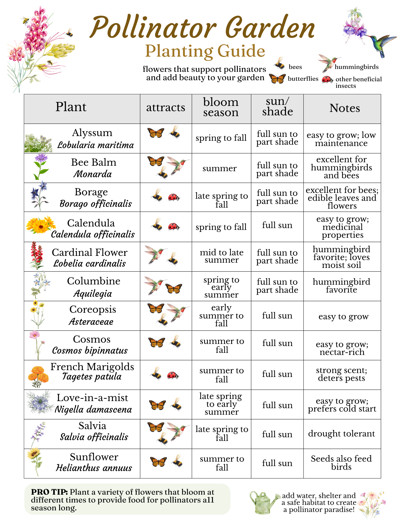 printable pollinator garden planting guide