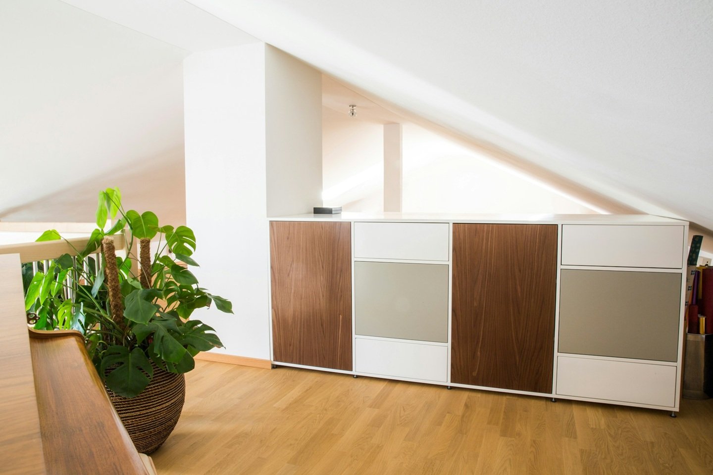 home office spce with wood cabinet, wood floors and potted plant