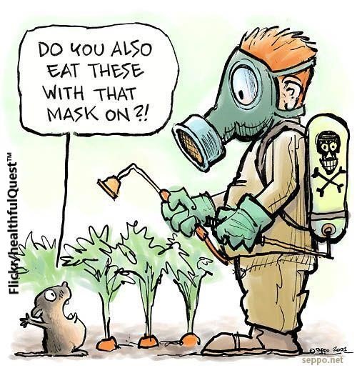 卡通人物戴着防毒面具喷洒杀虫剂