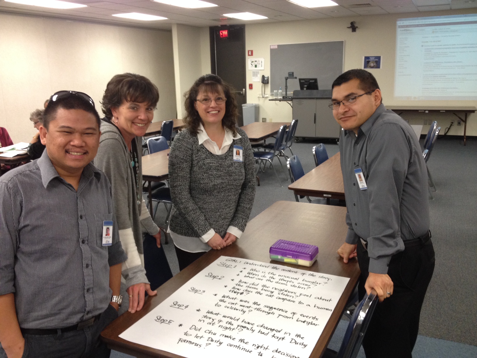 Teachers creating lesson-plans on posters.
