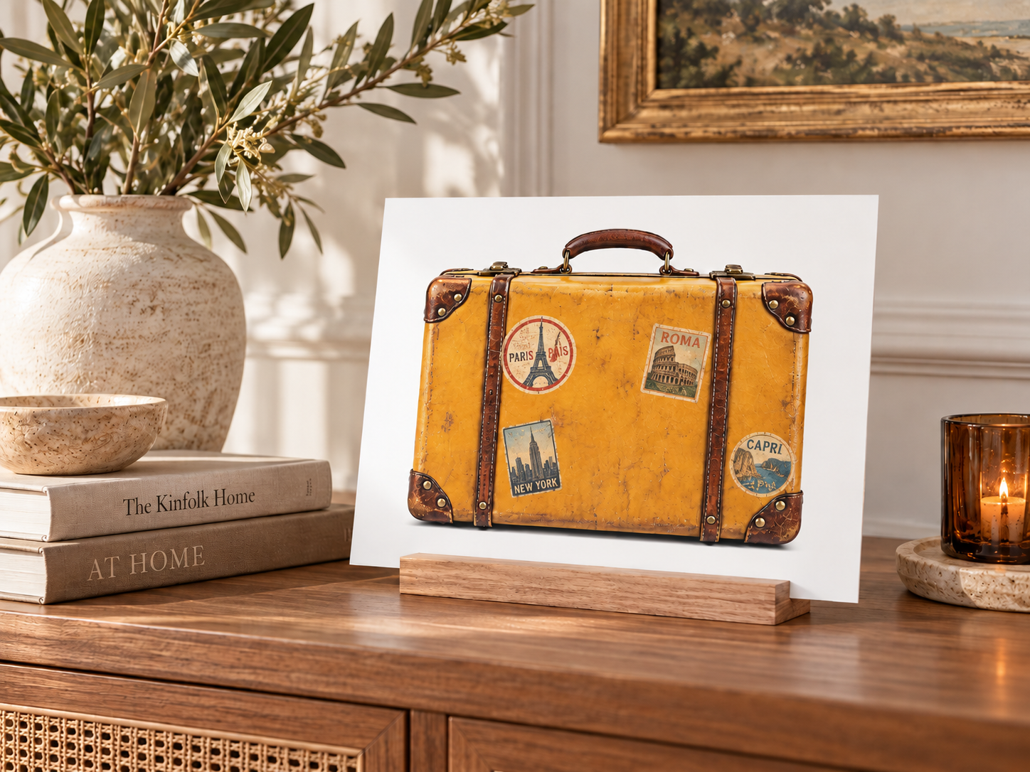 Wanderlust Vintage Suitcase with Wood Block Easel - 11x14