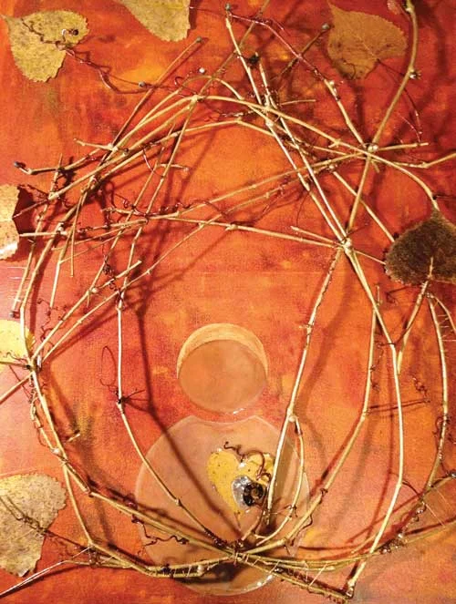 “Kibele” (grapevines stitched to canvas) represents settling into our new lives in Michigan. I was thrilled to find wild grape vines in our back yard and excited about the idea to sew them onto the canvas. It’s about being held by Mother Nature, and feeling inner piece in her embrace. 