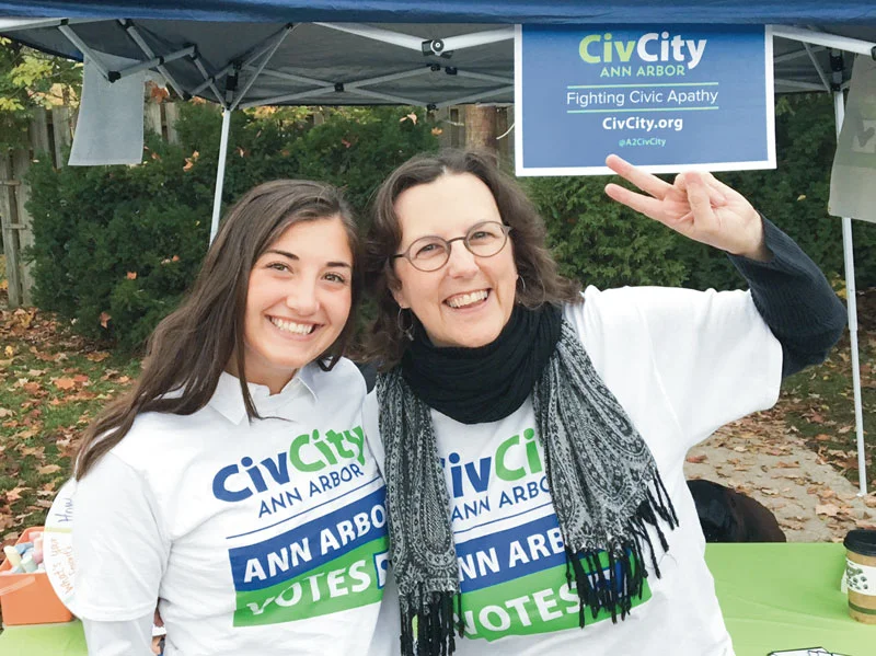 CivCity intern Meghan Cuneo, left, with Mary Morgan at CivCity’s Party at The Polls outside of the Slauson Middle School polling location on Election Day, Nov. 8, 2016