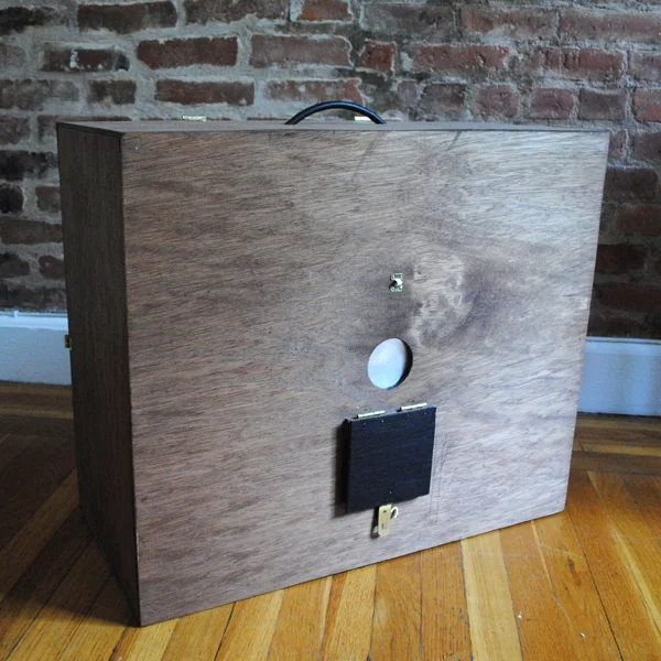 16x20 pinhole camera; completed 2011:  wood, metal hardware, black paint, stainless steel pinhole