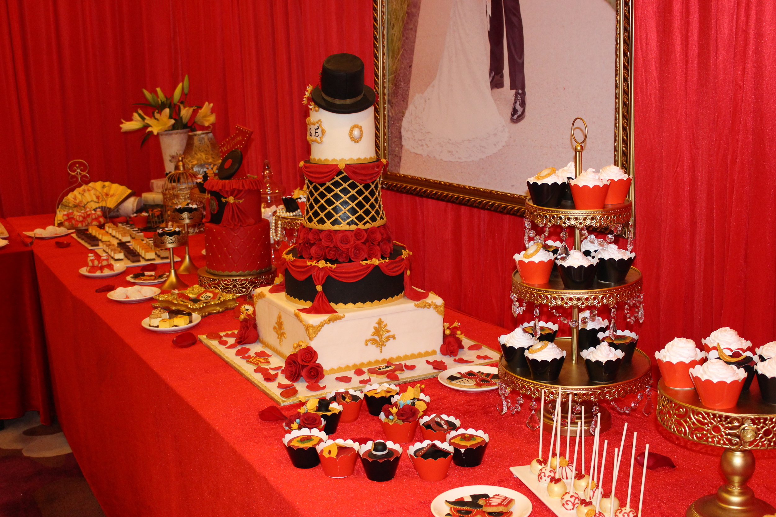  Cocktail hour space, filled with dessert and decor. 