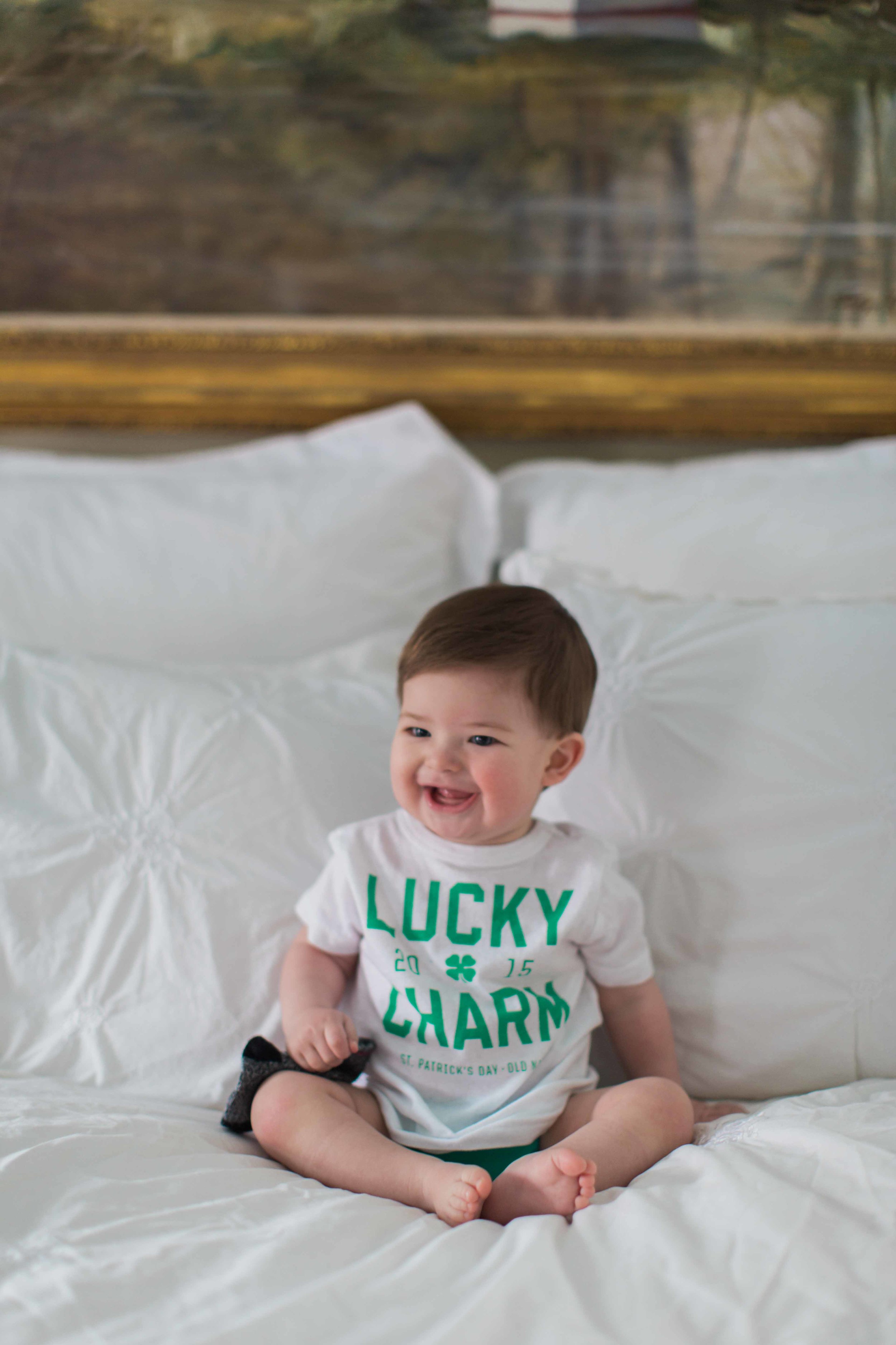 You can't see it, but he is sporting a really cute green Bum Genius 4.0 diaper with his St. Patrick's day t-shirt