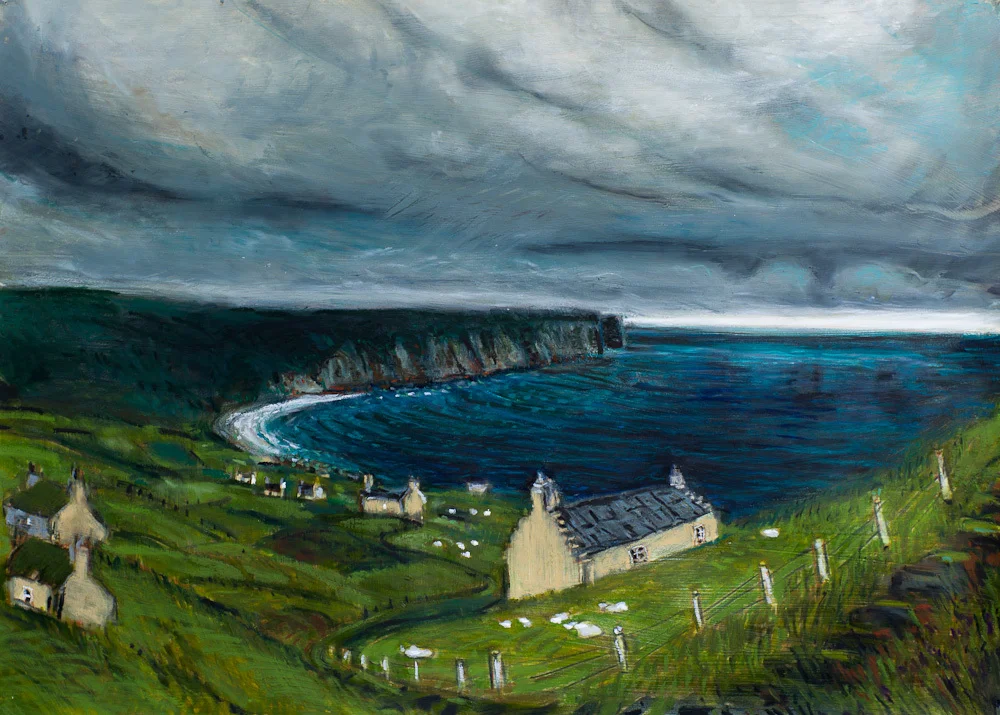 Rackwick Harbour Crofts, oil pastel