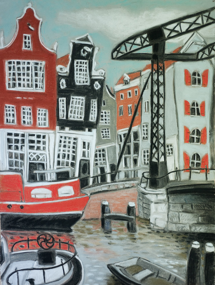 Amsterdam Canal with Orange Barge, pastel 24x18