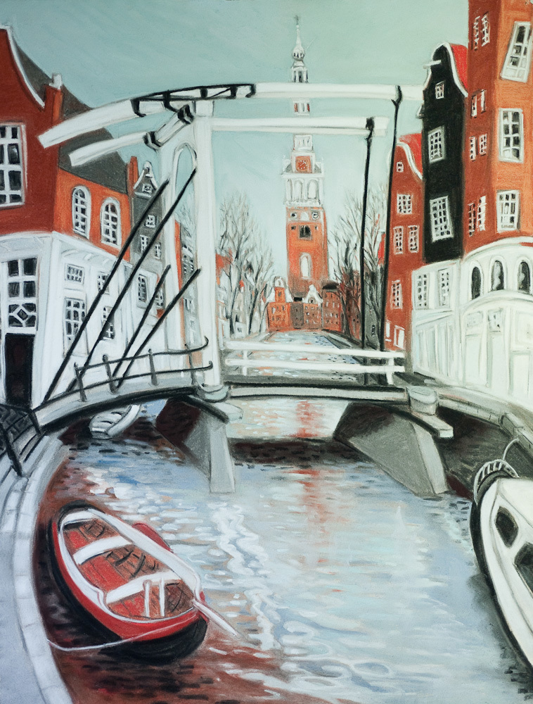 Amsterdam Canals, White Bridge, pastel 30x22