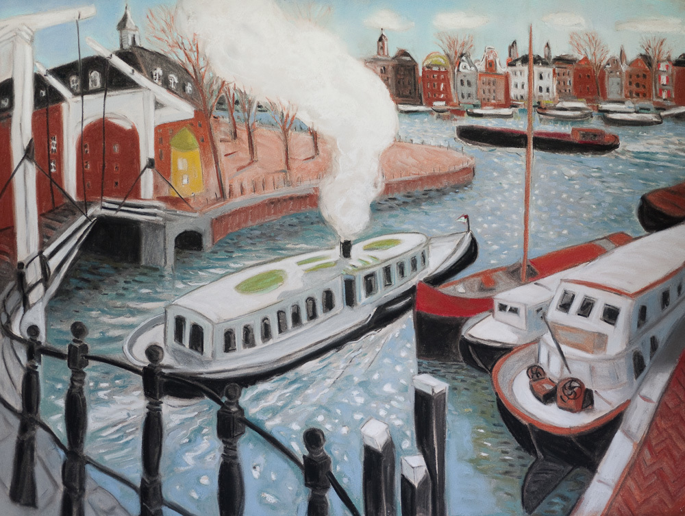 Amsterdam Canals, Steam Barge, pastel 30x22