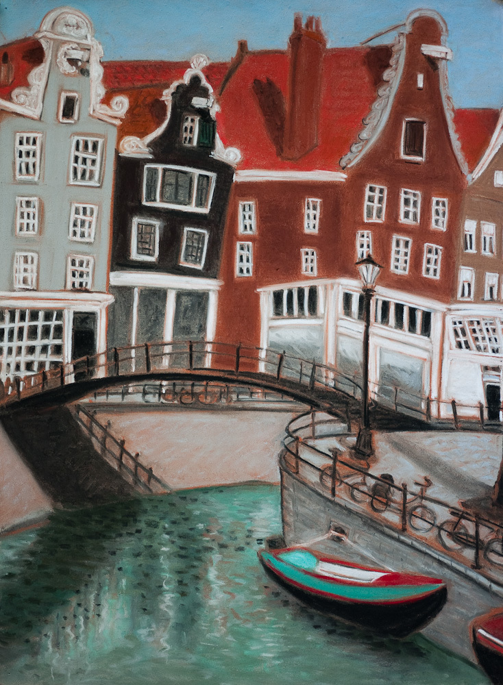 Amsterdam Canals, Pedestrian Bridge, pastel 24x18, 