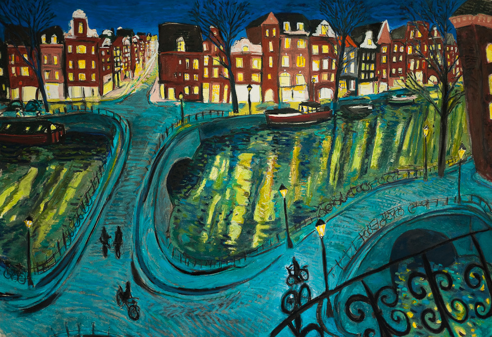 Amsterdam Canal Night View, oil pastel, 30x44