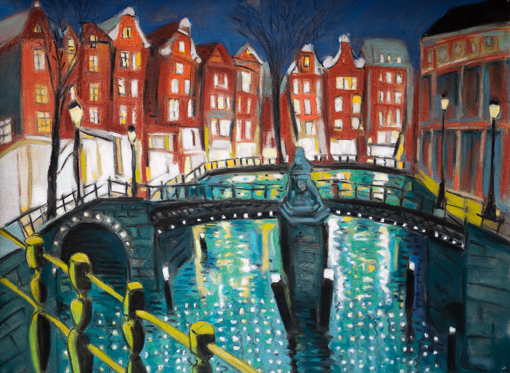 Amsterdam Canal at Night, oil pastel/paper 18x24