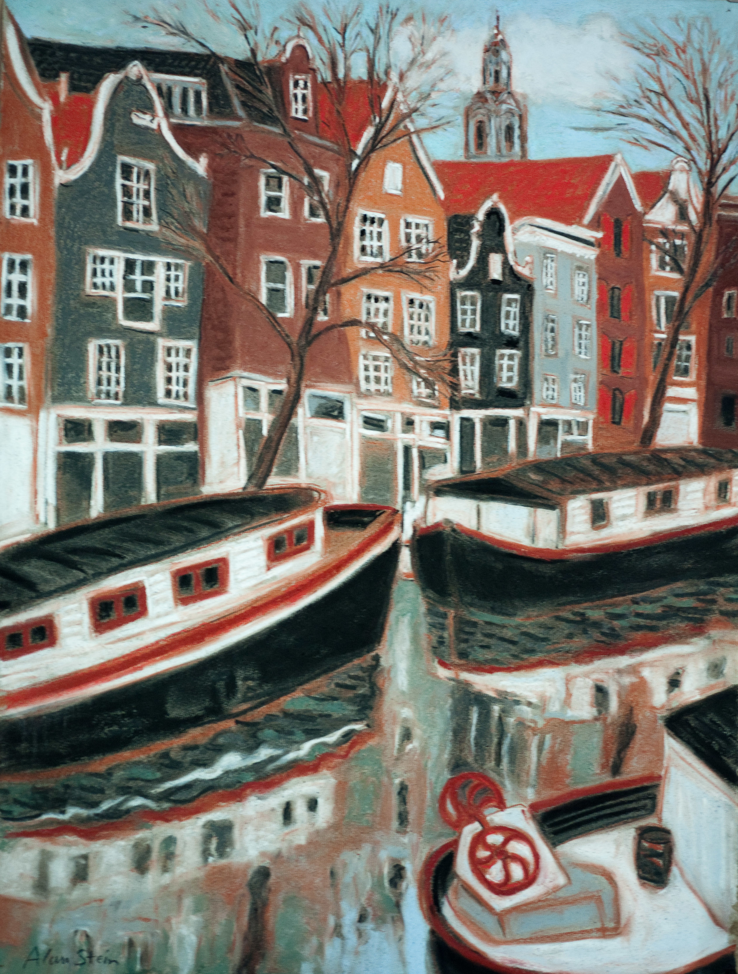 Amsterdam Canal Boats. pastel 18x24