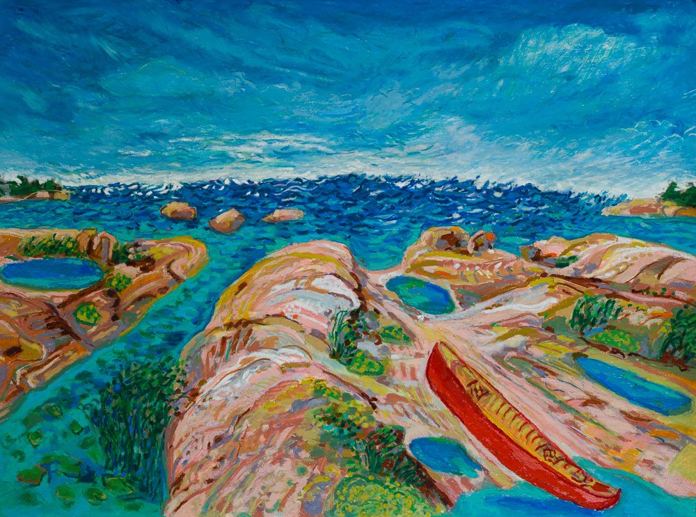 Wind at The Open Red Canoe, oil pastel 22x30