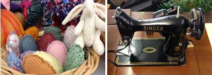 This cute homemade Easter basket with bunny and eggs could not come home, but was good for inspiration. I was tempted by this old singer, but it was in bad shape and crammed into an ugly modern sewing table.