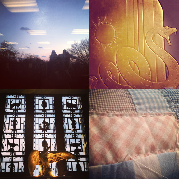 1) Sunset view from the arts section. 2) cryptic symbols and mythic creatures. 3) A fiery eagle watches over the Central Branch 4) I managed to get some real work done...