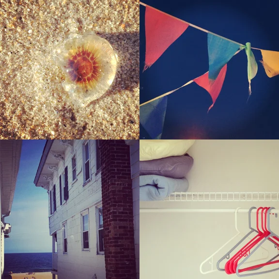 1) The sky and sea captured in a Jellyfish. 2) Nighttime walking. 3) Room with a view (sorta) at the at our favorite beach hotel. 4) Our version of hotel living with beach colors. 