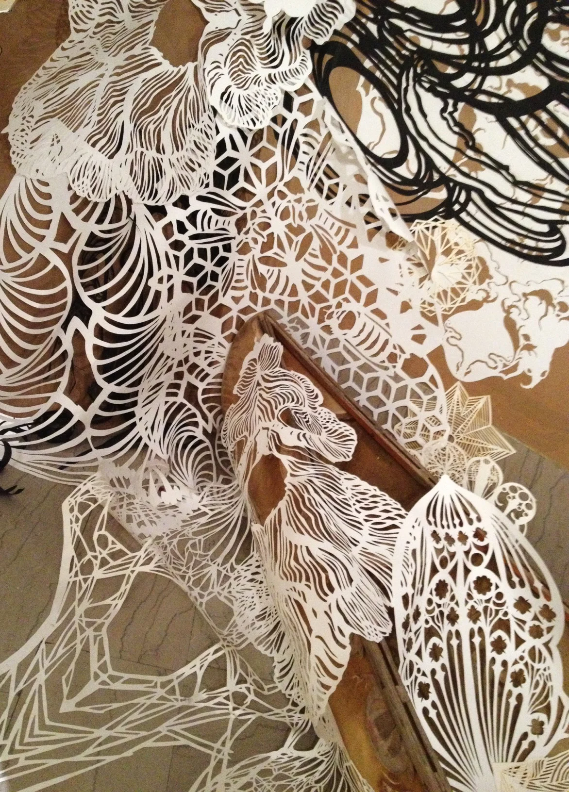 Swoons first inspiration and applications as a street artist were increasingly delicate and detailed paper cuts pasted to walls and buildings using wheat paste. 
