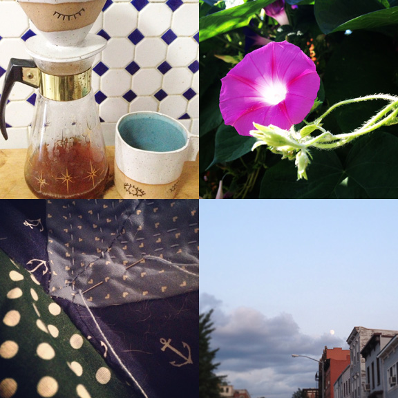 1) Using my prize, along with my vintage coffee carafe. 2) August didn't disappoint for flora and fauna. 3)A not yet finish. 4) Summer moon over BK. 