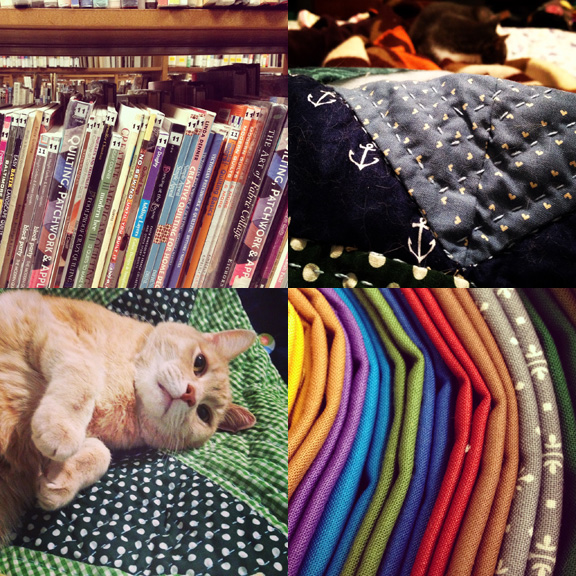 1) So many quilting books to distract me at work... 2) My favorite place, in bed, with cats, quilting. 3) My helpers are very helpful. I don't even need interns. 4) SO many solids!!