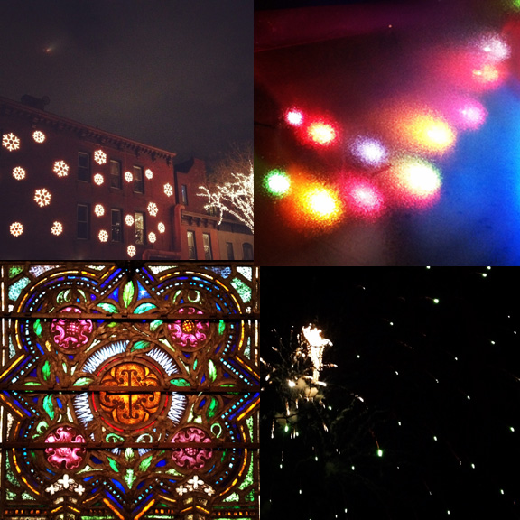 1) Lights on the houses, lights in the sky. 2) Cold and festive. 3) Welcoming light in. 4) Nighttime, last of the year. 