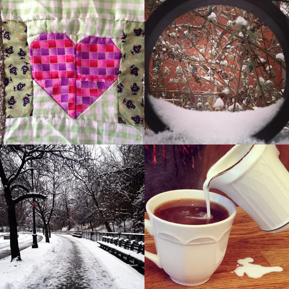 1) Little hearts (more coming soon). 2) Winter's garden. 3) Snowy paths around Grand Army Plaza. 4) Coffee with Crimson. 