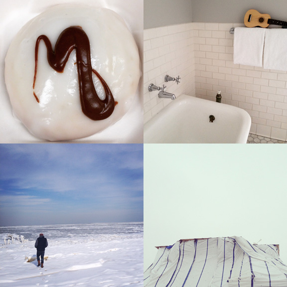 1) This (black and) white cookie has my name on it. 2) I wanted to take this tub home with us. 3) Frozen bay visits. 4) White tarps, white skies. 