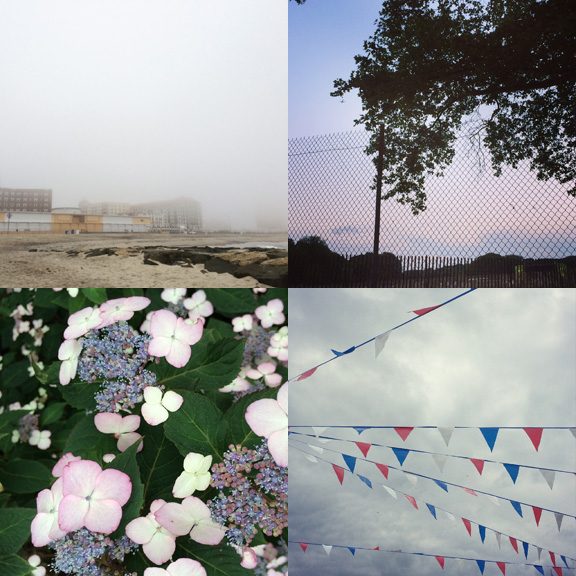1) North Side, Asbury Park, on a foggy day. 2) Sitting in the park waiting for music and Fireworks. 3) Lacey evening walks. 4) Grand openings and grey skies. 